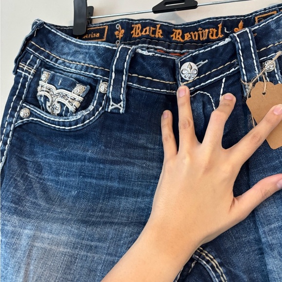 Rock Revival Vintage Blue Acid Wash Y2K Low Rise Denim Embroidered Capri Size30 - Picture 7 of 13